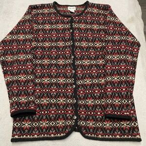 SKYR Wool Cardigan Sweater Womens Medium Red Black Fair Isle Ski Metal Button